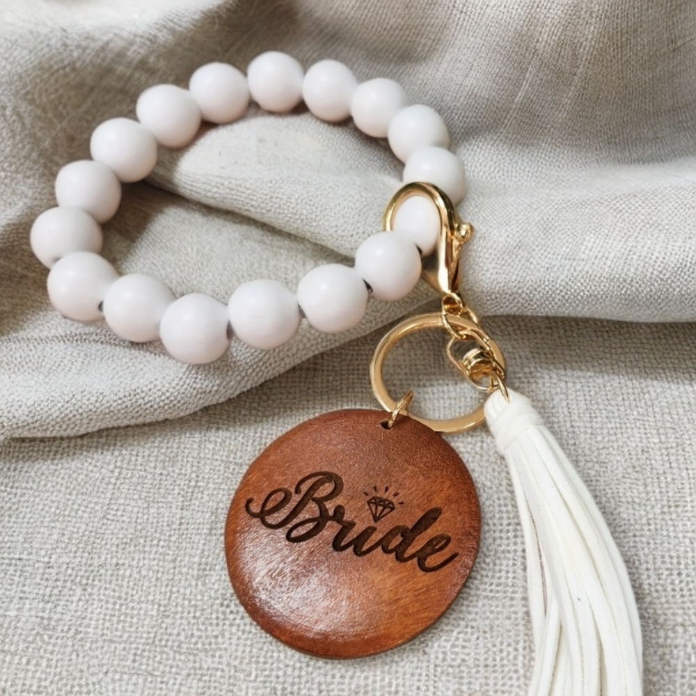 BRIDE GIFT!!! Keychain Wristlet with Laser Engraved Pendant - Bride